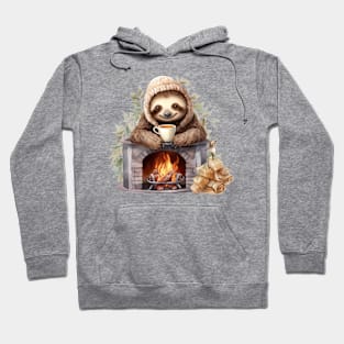Christmas Sloth Drinking Coffee At Fireplace Hoodie